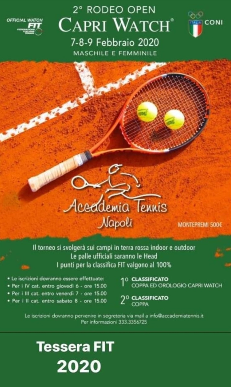 CAPRI WATCH CUP ATTO SECONDO. All’Accademia Tennis Napoli tre giorni a tutto tennis nell’Open Rodeo di febbraio: oggi in campo i Quarta, domani i Terza e il gran finale di domenica con i Seconda.